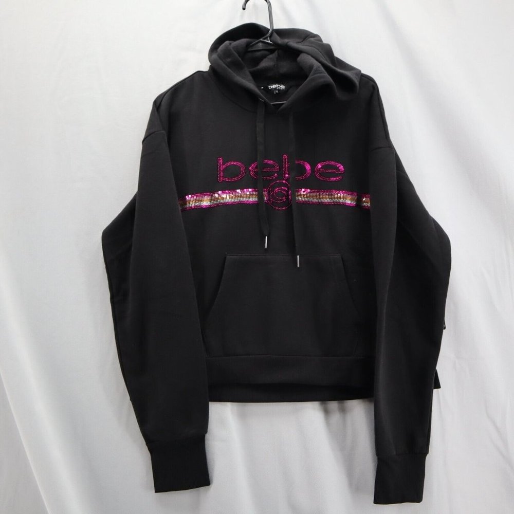 Bebe Womens Pullover Hoodie Sequin Logo Size XL Black Sweatshirt New - Picture 1 of 9